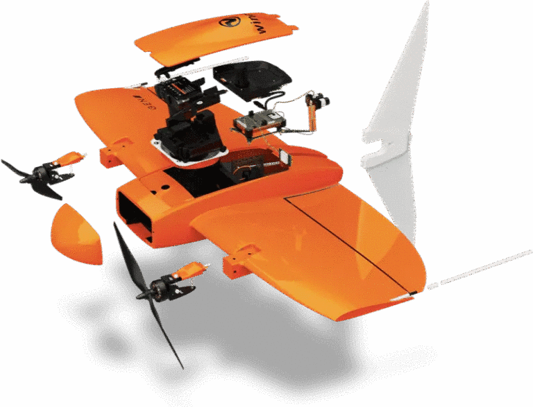 Exploded view of the WingtraOne Gen II showing the tail-sitter VTOL fixed-wing configuration and modular payload bay