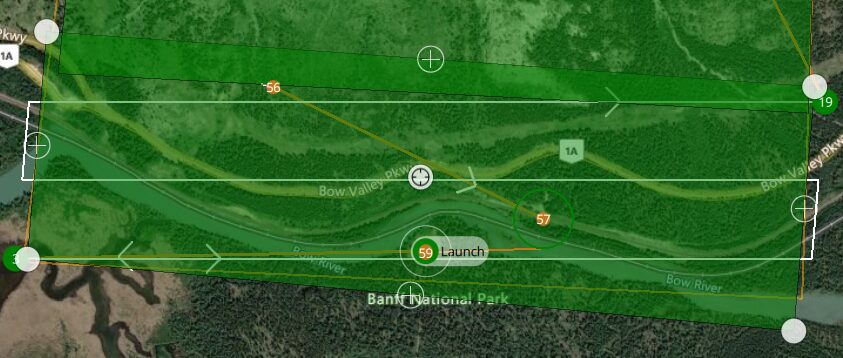 Survey grid over the Bow River valley showing the zig-zag flight path and launch point