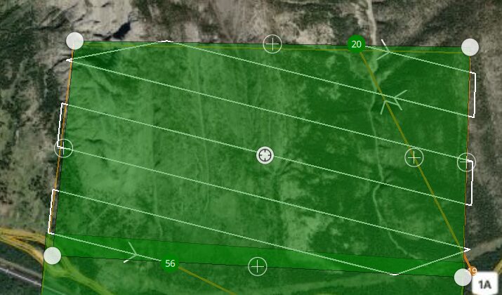 Survey grid over the mountainous section with the flight path running from the peak down toward the launch site