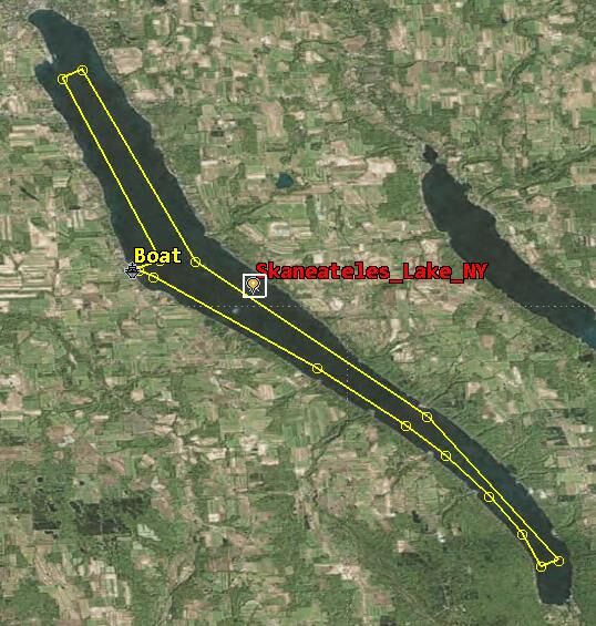 Satellite view of Skaneateles Lake with the aircraft survey track and the boat route marked