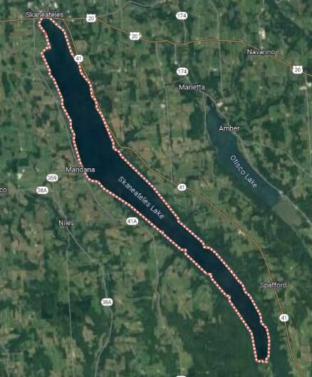 The operational volume drawn as a dotted boundary around Skaneateles Lake