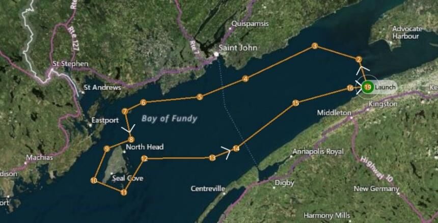 First flight path around the outer sections of the bay and Grand Manan island